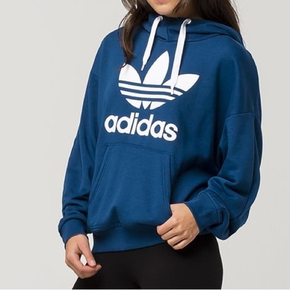 Adidas Women’s Blue Treefoil Oversized Tech Style Hoodie Size Small - Picture 1 of 9